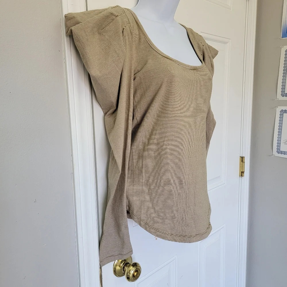 Free People Penelope Ruffle Shoulder Tan White Striped Long Sleeve Shirt Size S - Picture 5 of 11